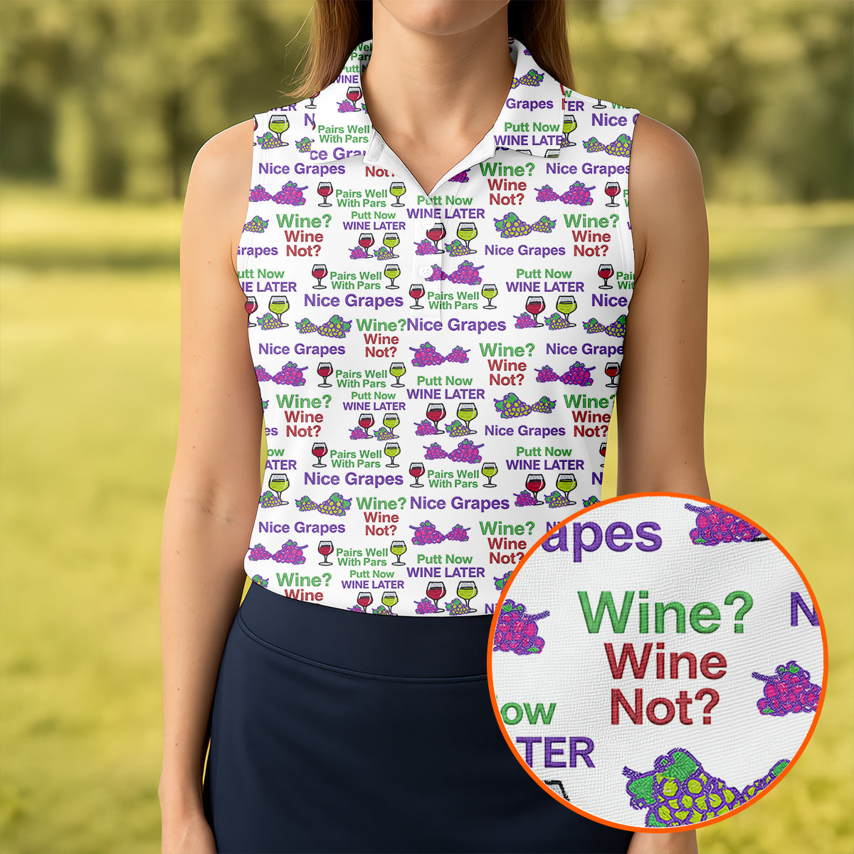 Wine Lover Golf Top, Grape Humor Print, Golf Shirts For Women