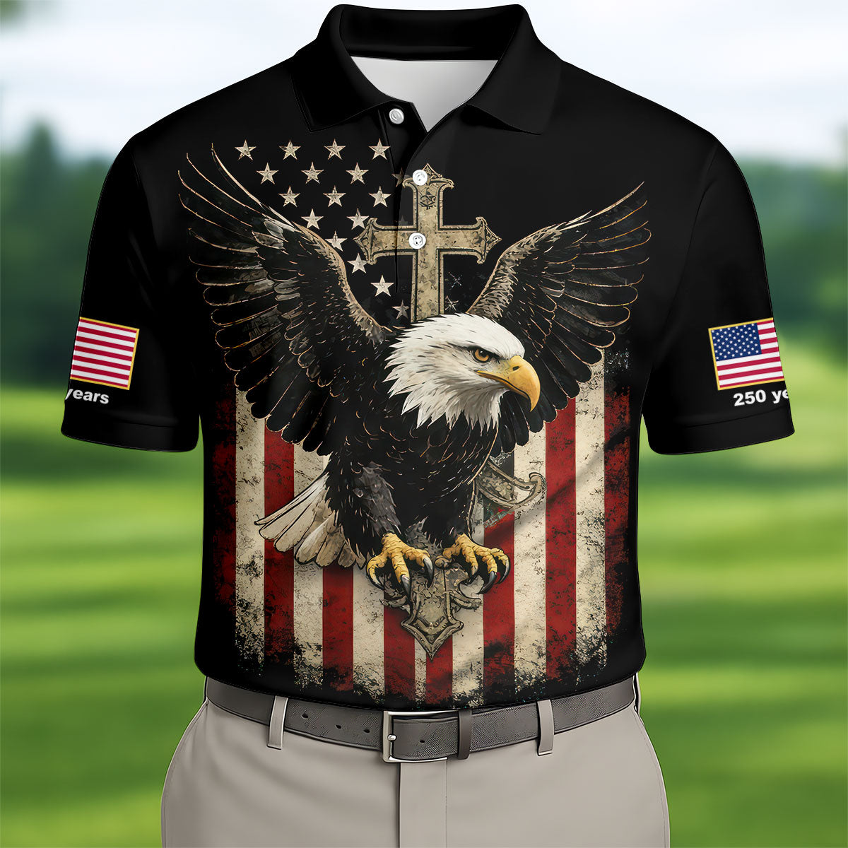Faith Cross Bald Eagle And US Flag Black Golf Shirt, Patriotic 4th Of July Golf Shirts For Men