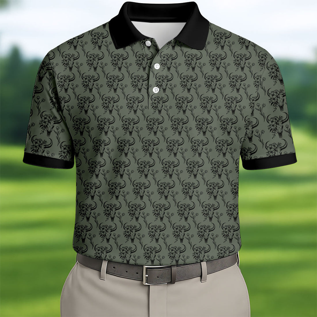 Cow Skull With Flowers Western Theme Forest Green Golf Tops For Men, Polo Shirts For Men, Golf Shirts For Men