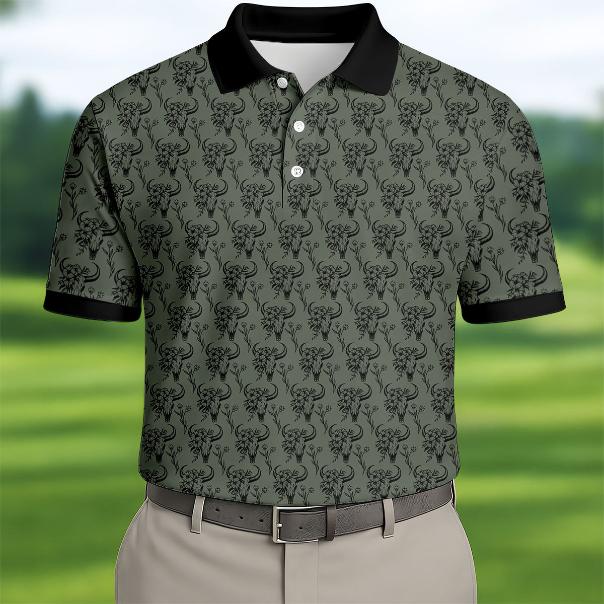 Cow Skull With Flowers Western Theme Forest Green Golf Tops For Men, Polo Shirts For Men, Golf Shirts For Men
