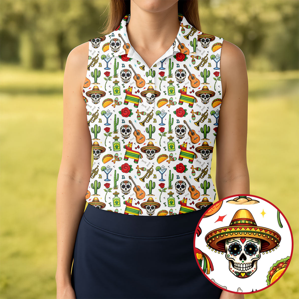 Decorated Skulls Party Items Cinco De Mayo Celebration Fiesta Themed White Golf Shirt For Women