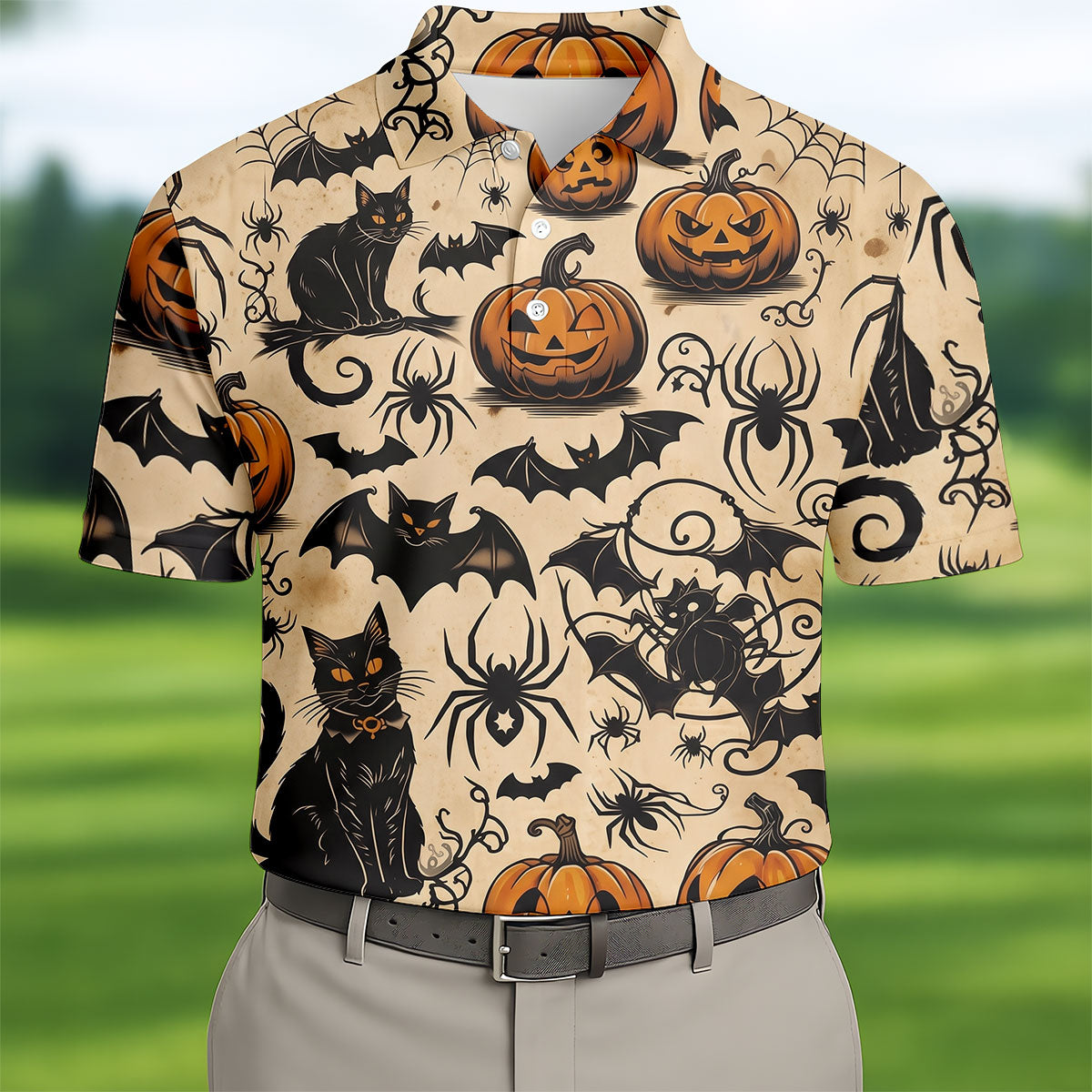 Vintage Halloween Cat Pumpkin Pattern Golf Polo Shirt, Mens Golf Polo, Hawaiian Golf Shirt