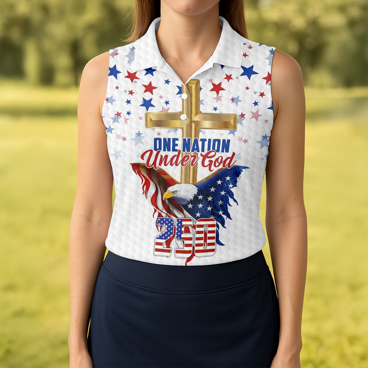 One Nation Under God Faith Cross Bald Eagle 4th Of July Golf Shirt, 250 Years Golf Shirt For Women