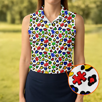 Autism Awareness Color Leopard Pattern White Golf Shirt, Women's Golf Tops, Ladies Golf Shirts, Ladies Golf Polos