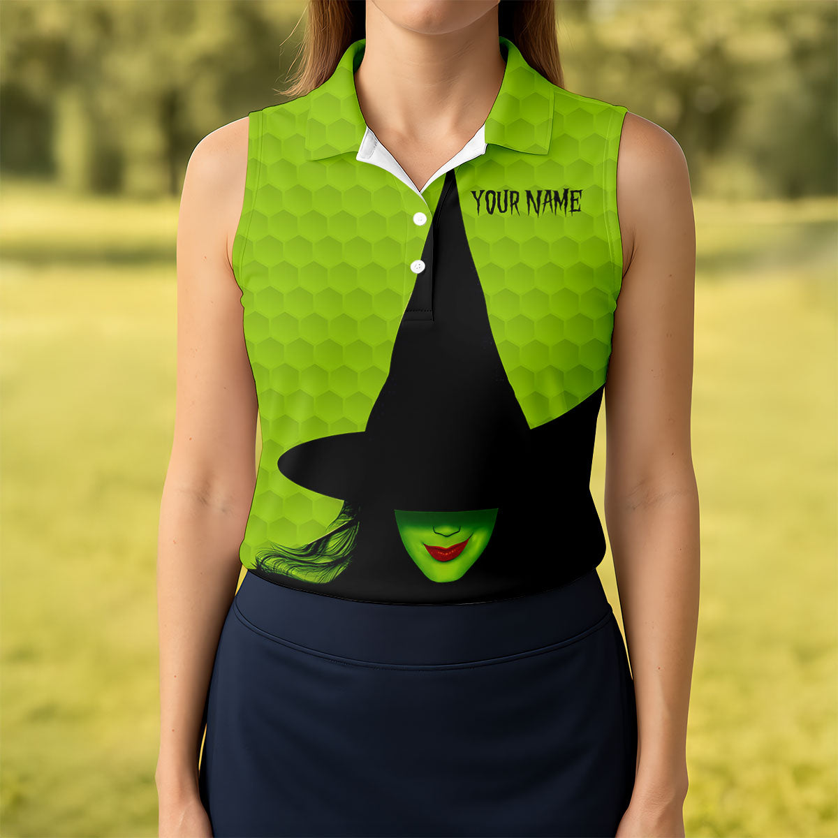 The Green Witch Golf Ball Pattern Fun Women's Golf Shirts, Spooky Vibe Ladies Golf Polos, Halloween Golf Shirt