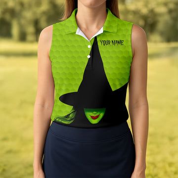 The Green Witch Golf Ball Pattern Fun Women's Golf Shirts, Spooky Vibe Ladies Golf Polos, Halloween Golf Shirt