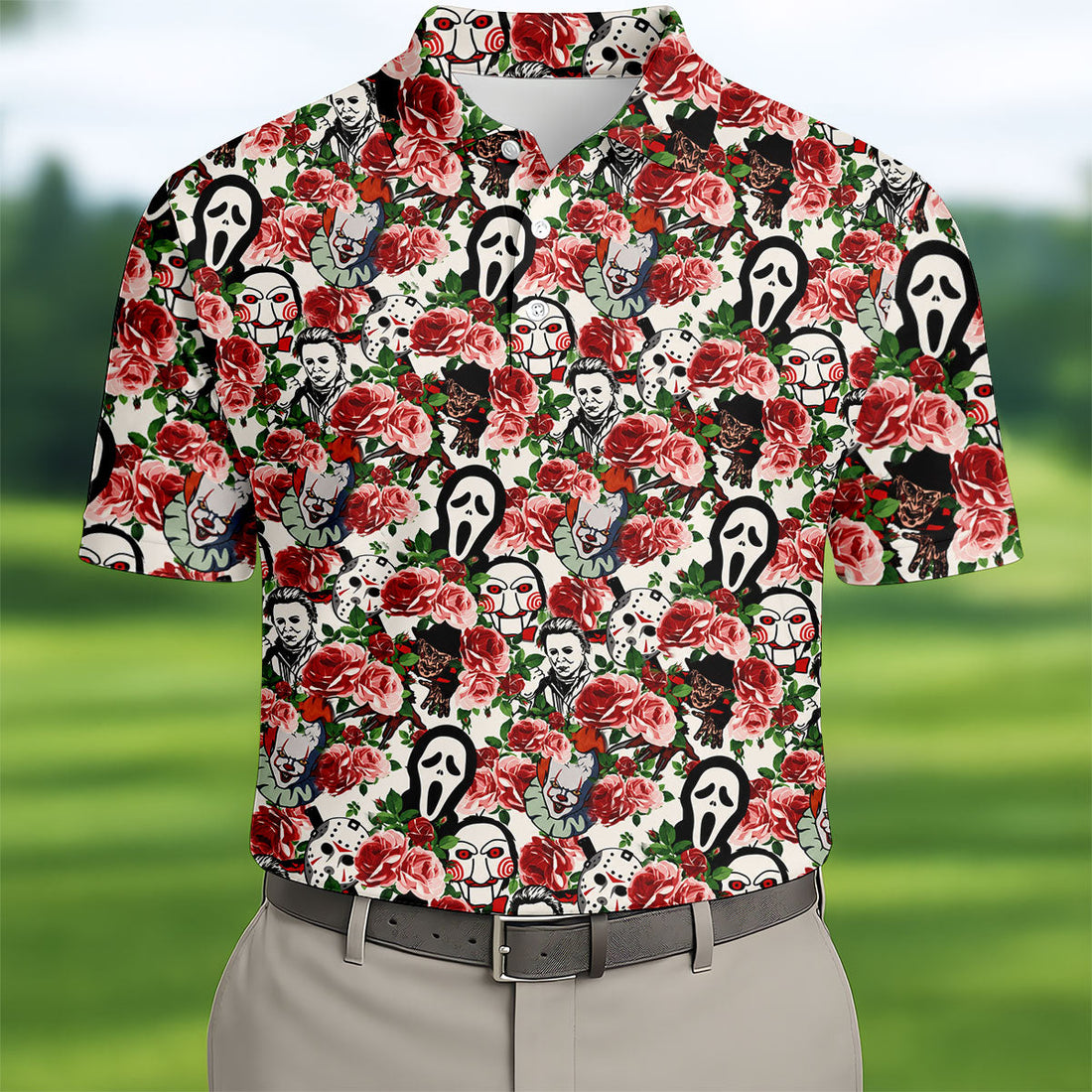 Rose Horror Character Collage Halloween Golf Shirt, Mens Golf Shirts, Golf Apparel For Men