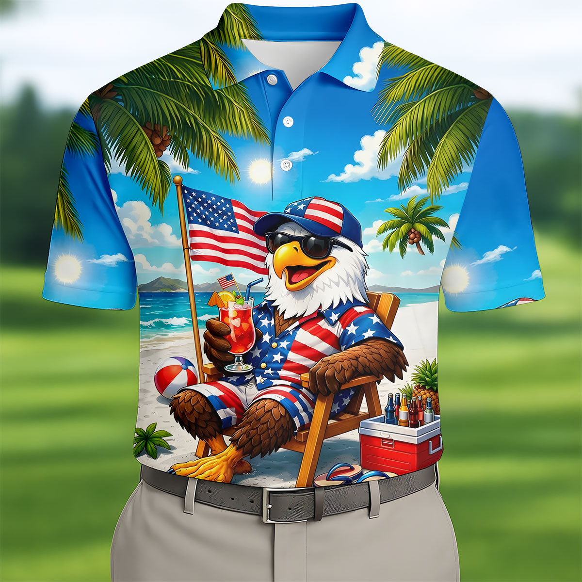 Funny Bald Eagle US Flag Pattern Hawaiian Golf Shirt, 250 Years Patriotic 4th Of July Golf Shirts For Men