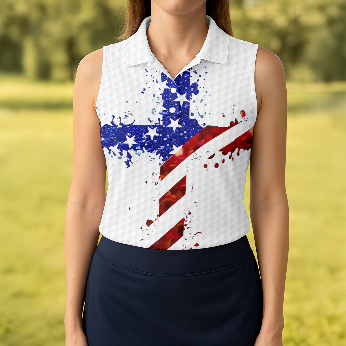 Red White Blue Paint Splash Faith Cross Patriotic Golf Shirt, 250 Years 4th Of July Golf Shirt For Women