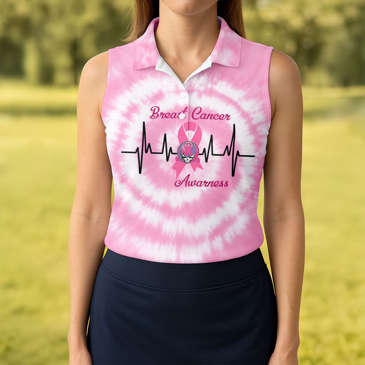 Hope For A Cure Tie Dye Skull Breast Cancer Polo Shirt, Golf Tops For Women, Women’s Golf Apparel