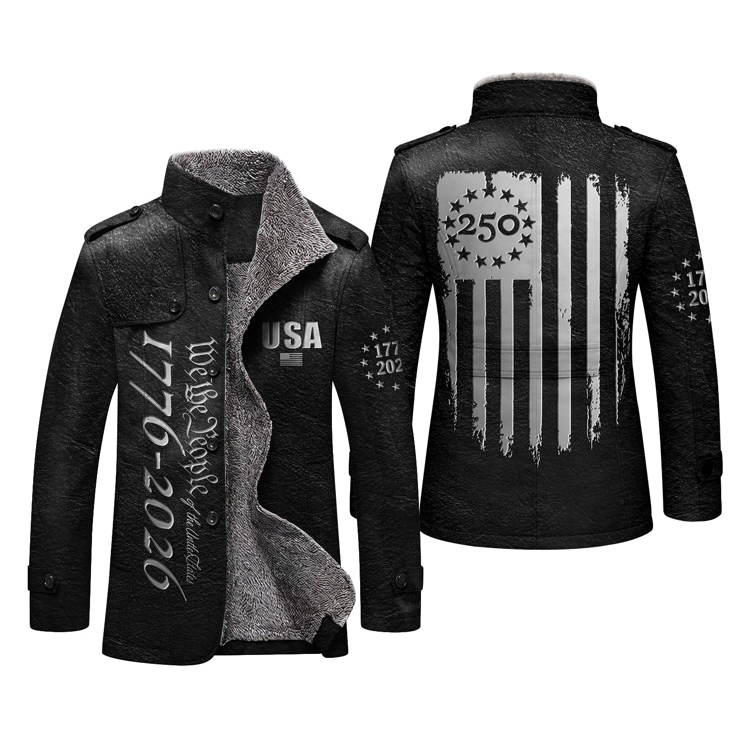 We The People 250 Years Silver Flag Men's Cold Premium Weather Jacket, Leather Trench Coat