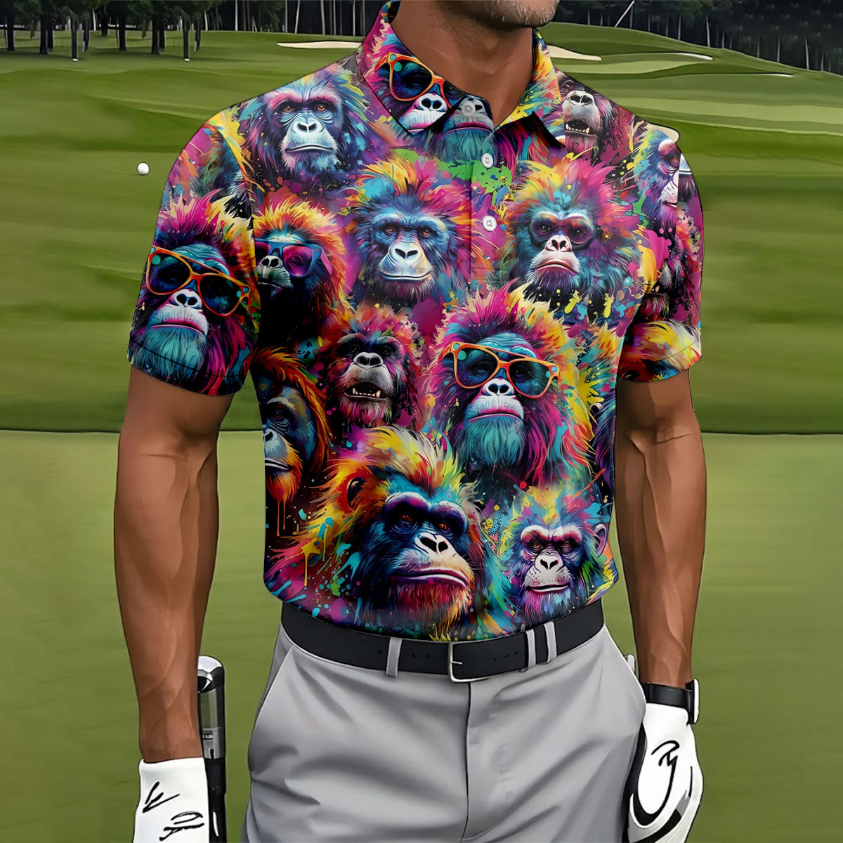 Street Art Style Cool Gorilla Hawaiian Golf Shirt, Tropical Theme Golf Shirts For Men