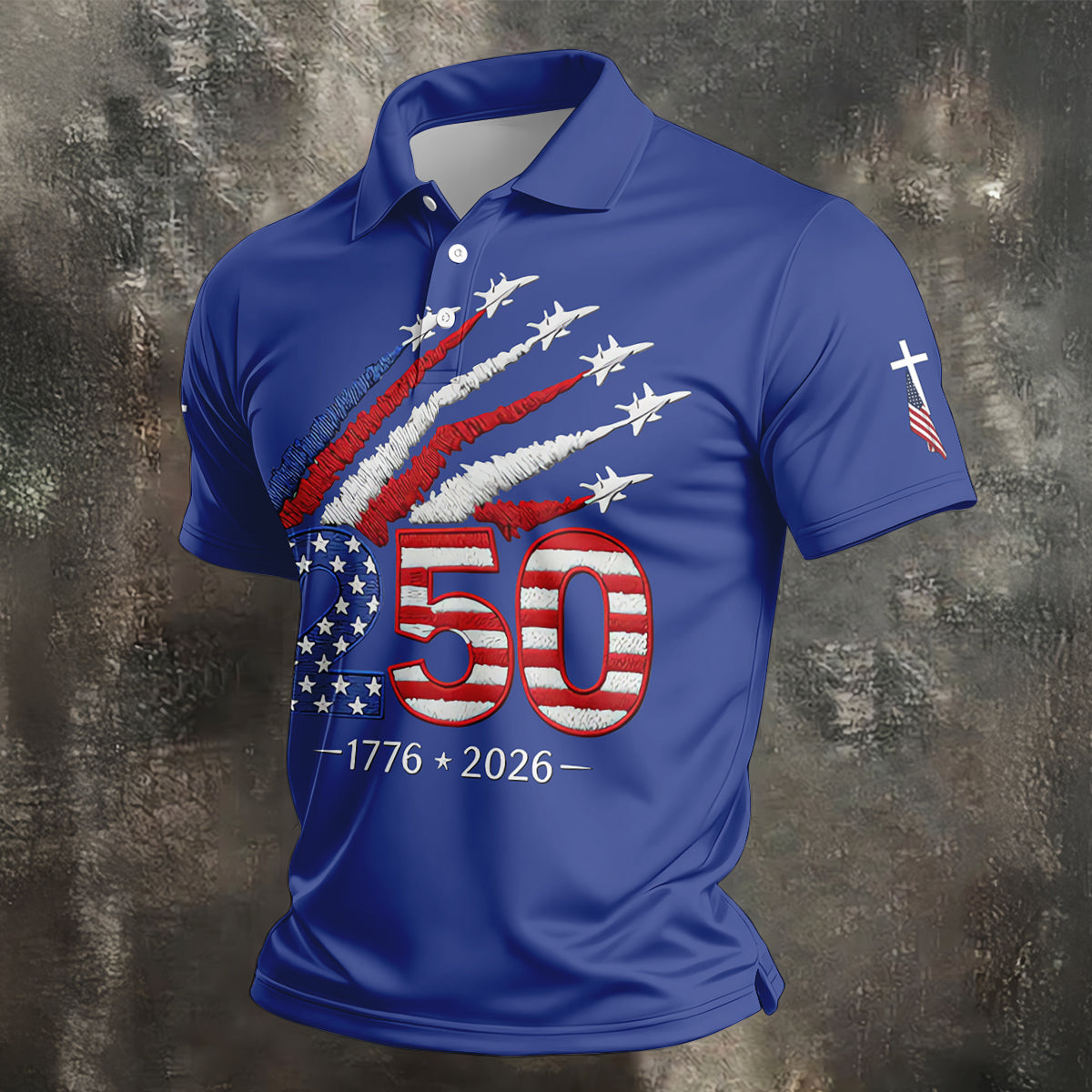 Flying Fighter Jets Faith Cross Patriotic 4th Of July Blue Golf Shirt, 250 Years Golf Shirts For Men
