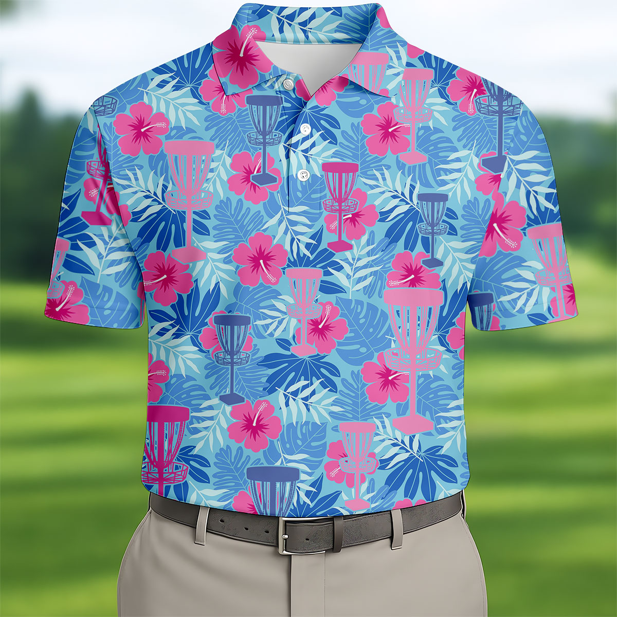 Blue Hibiscus Disc Golf Polo Shirt, Hawaiian Golf Shirt, Mens Golf Shirts