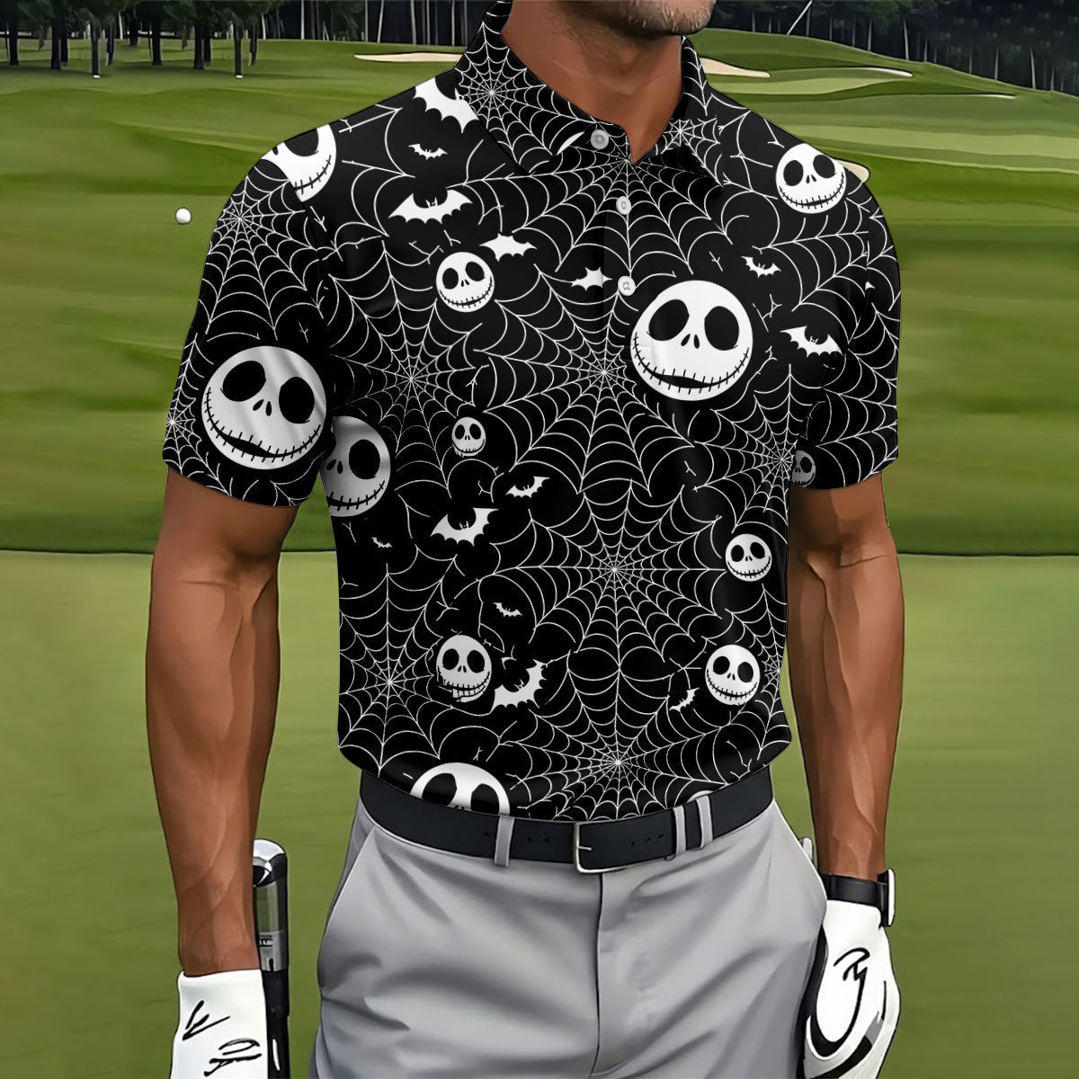 Black Horror Character Spider Web Pattern Golf Polo Shirt, Mens Golf Polo, Hawaiian Golf Shirt