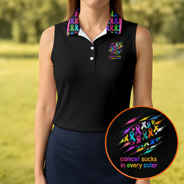 Cancer Sucks In Every Color Awareness Ribbon Golf Polo Shirt, Women's Golf Polo