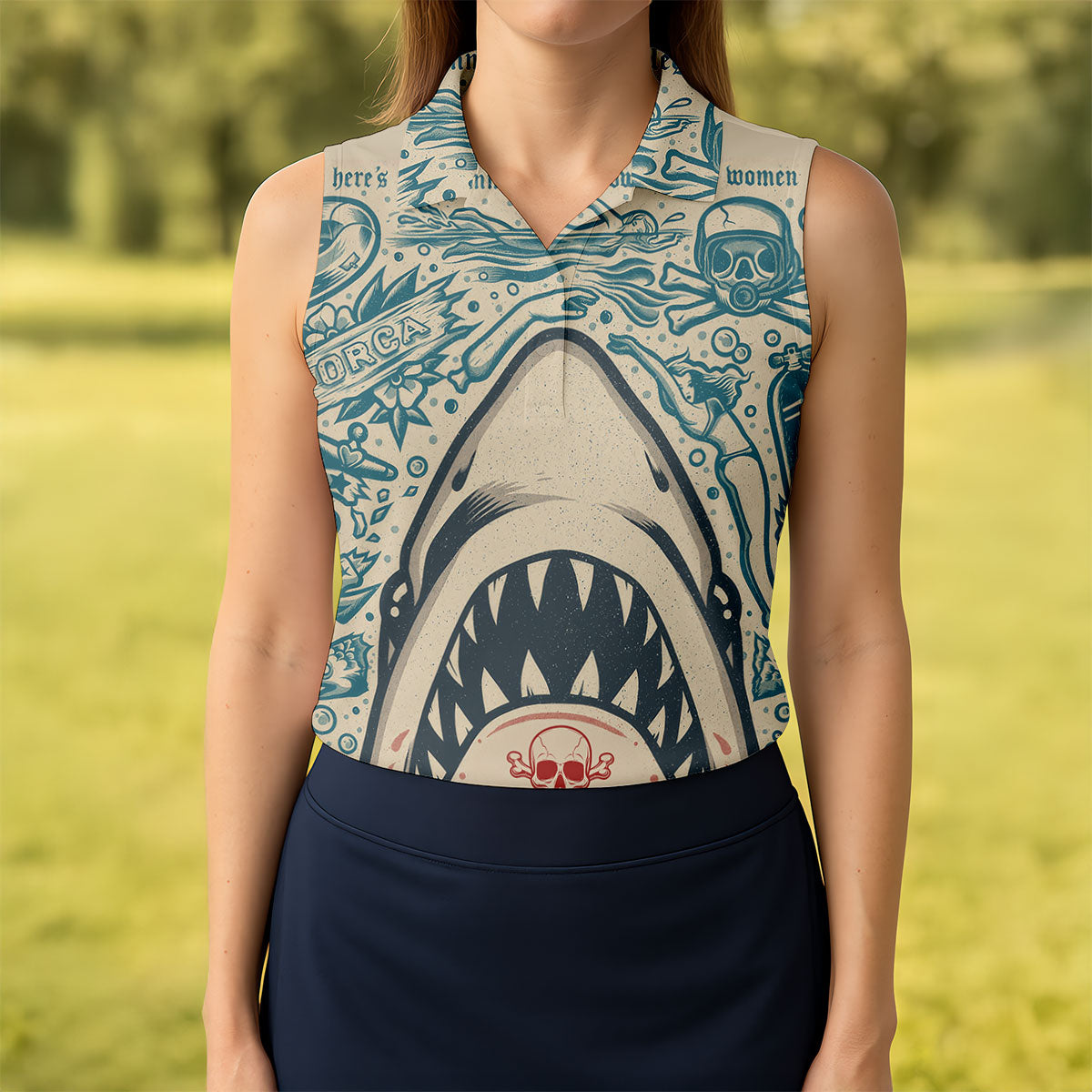 Vintage Shark Jaw Tattoo Art Golf Polo Shirt, Golf Shirts For Women, Women's Golf Apparel
