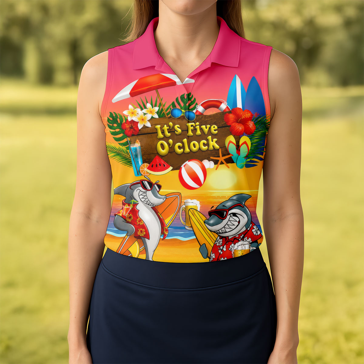 Pink Sunset It's Five O'Clock Beach Shark Golf Polo Shirt, Golf Shirts For Women, Women's Golf Polo