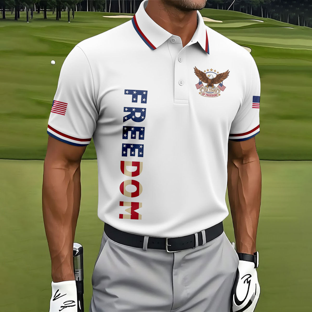 250 Years Of Freedom US Flag Logo White Golf Shirt, Patriotic 4th Of July Golf Shirts For Men
