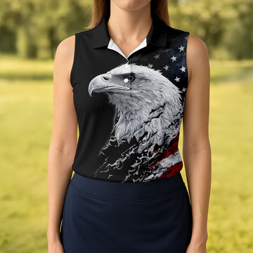 American Flag Bald Eagle Shattering Effect Golf Shirt, Patriotic Golf Shirt, Golf Shirts For Women