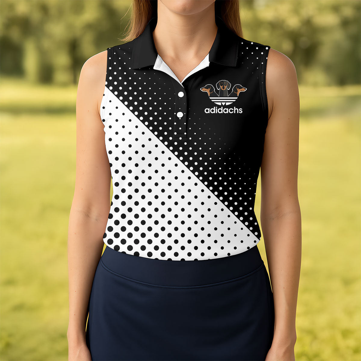 Adidachs Funny Dachshund Black Golf Shirt, Fun Women's Golf Shirts, Ladies Golf Shirts
