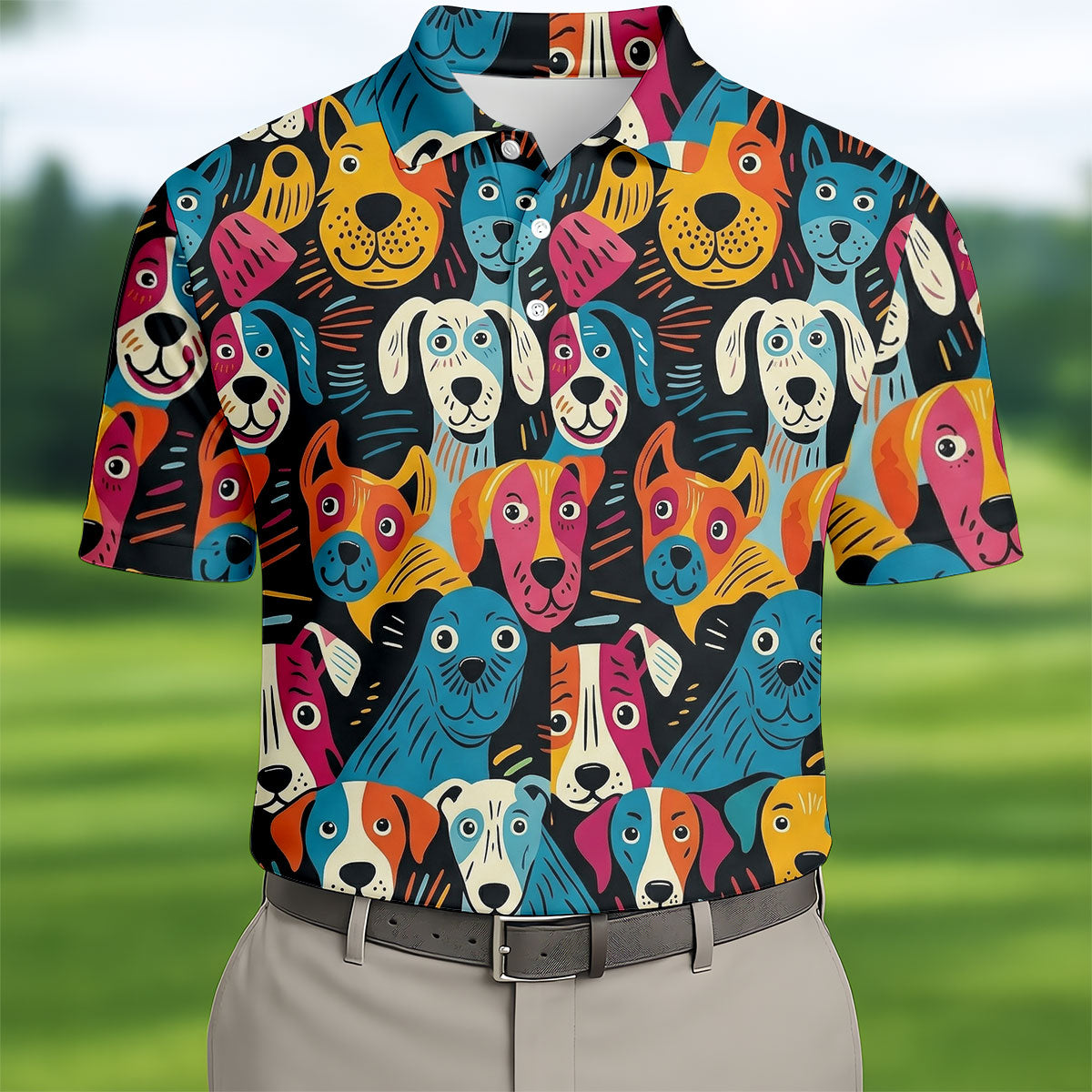 Happy Dog Faces Hawaiian Golf Shirt, Funny Golf Shirt, Abstract Animal Golf Shirts For Men