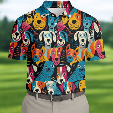 Happy Dog Faces Hawaiian Golf Shirt, Funny Golf Shirt, Abstract Animal Golf Shirts For Men