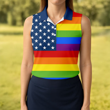 Gay Pride American Flag Ladies Golf Tops, Pride Month Golf Shirt For Women