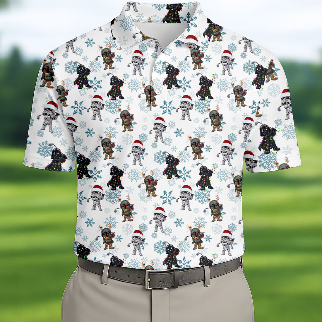 Christmas Space Characters Pattern Polo Shirt, Mens Golf Shirts, Golf Polo Shirts For Men
