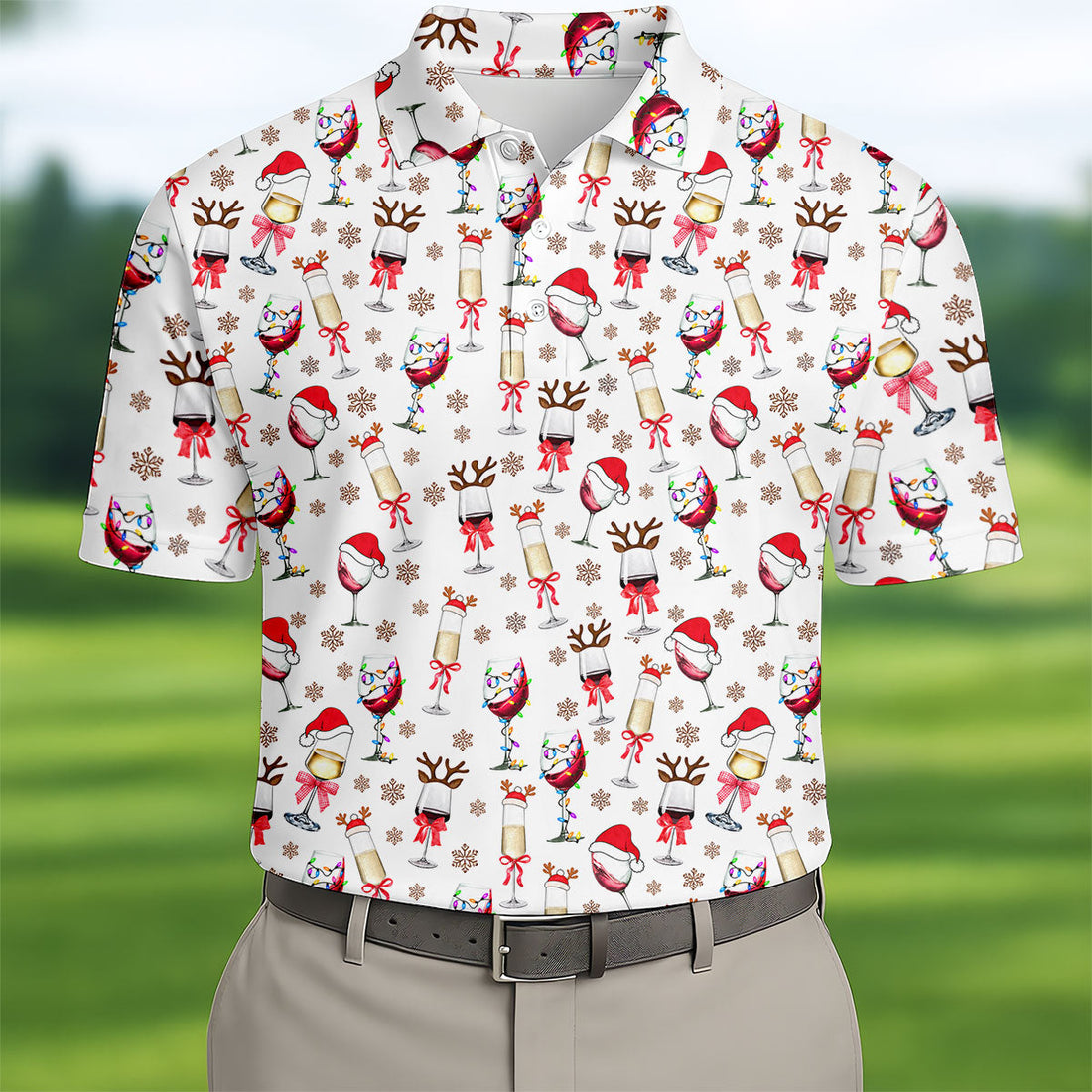 Festive Christmas Wine Glasses Golf Polo Shirt, Mens Golf Polo, Golf Apparel For Men