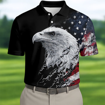 American Flag Bald Eagle Shattering Effect Golf Shirt, Patriotic Golf Shirt, Golf Shirts For Men