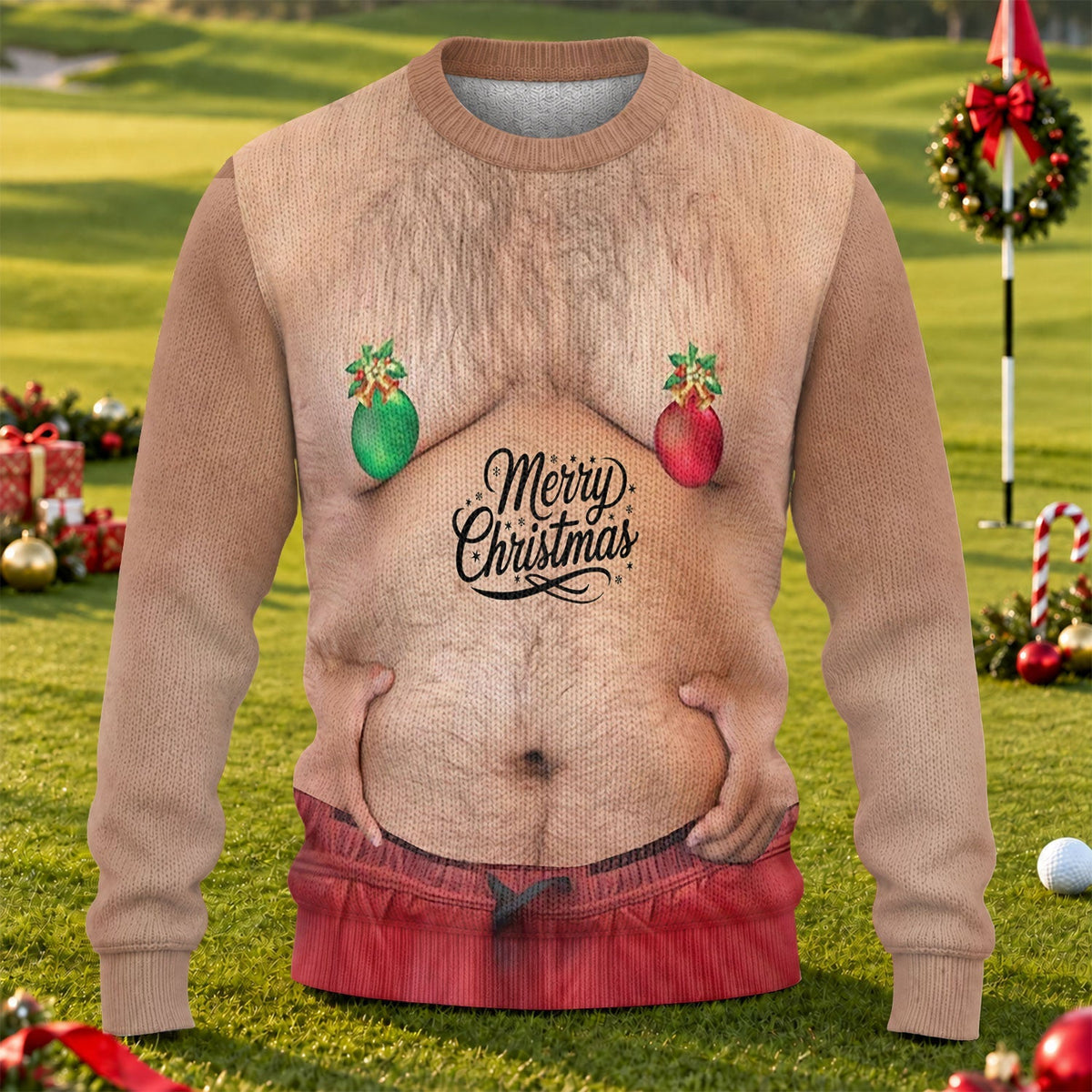 Funny Christmas Balls Belly Print Sweatshirt, Christmas Shirts For Men, Ugly Christmas Sweater