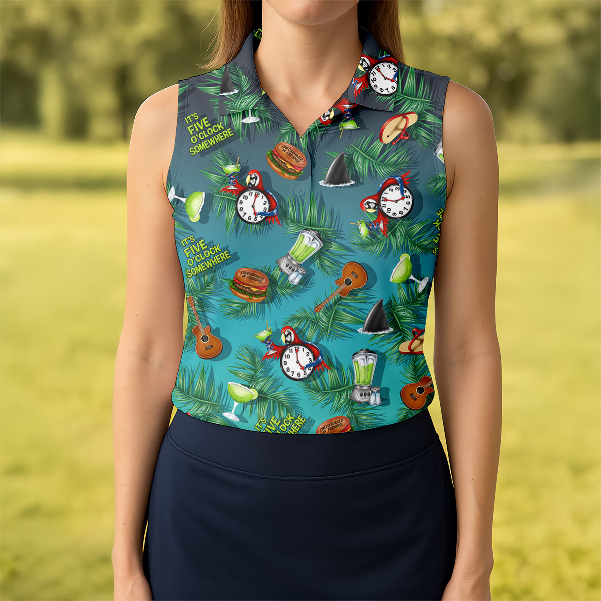 Teal Tropical Cocktail Parrot Pattern Golf Polo Shirt, Golf Shirts For Women, Women's Golf Polo