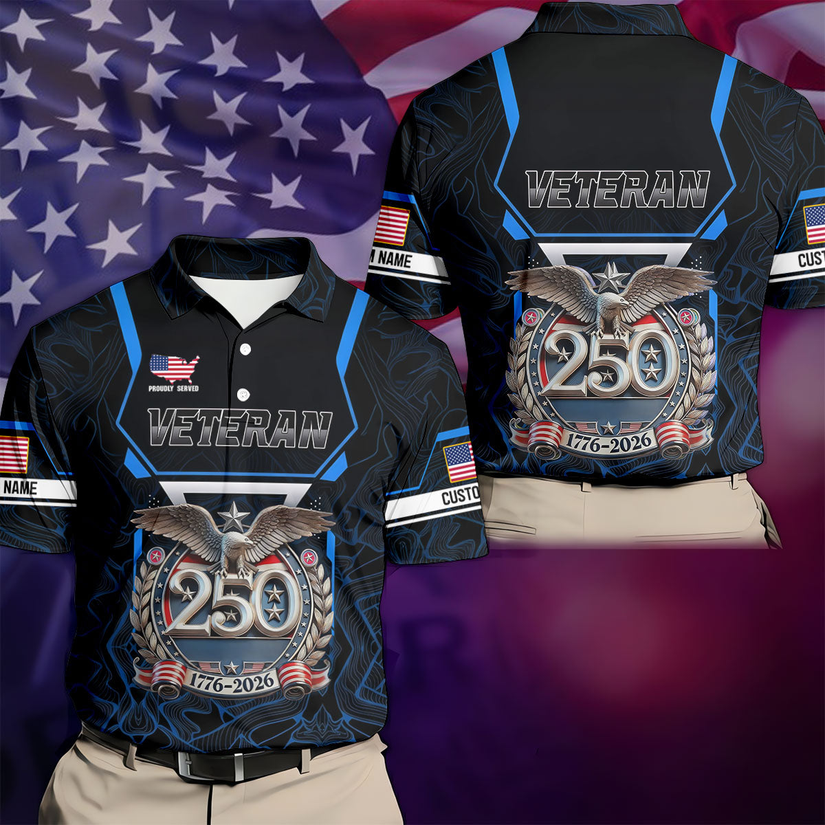 Personalized Veteran America 250 Polo Shirt Blue Accent, Golf Apparel For Men, Mens Golf Polo