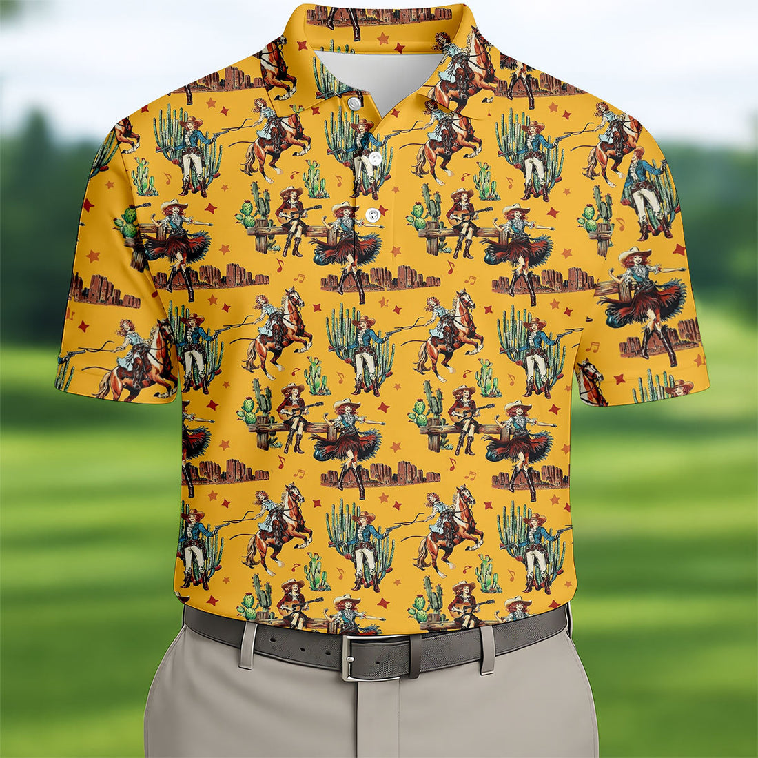 Yellow Cowboy Rodeo Desert Western Hawaiian Golf Shirt, Men's Golf Shirt, Golf Polo Shirts For Men