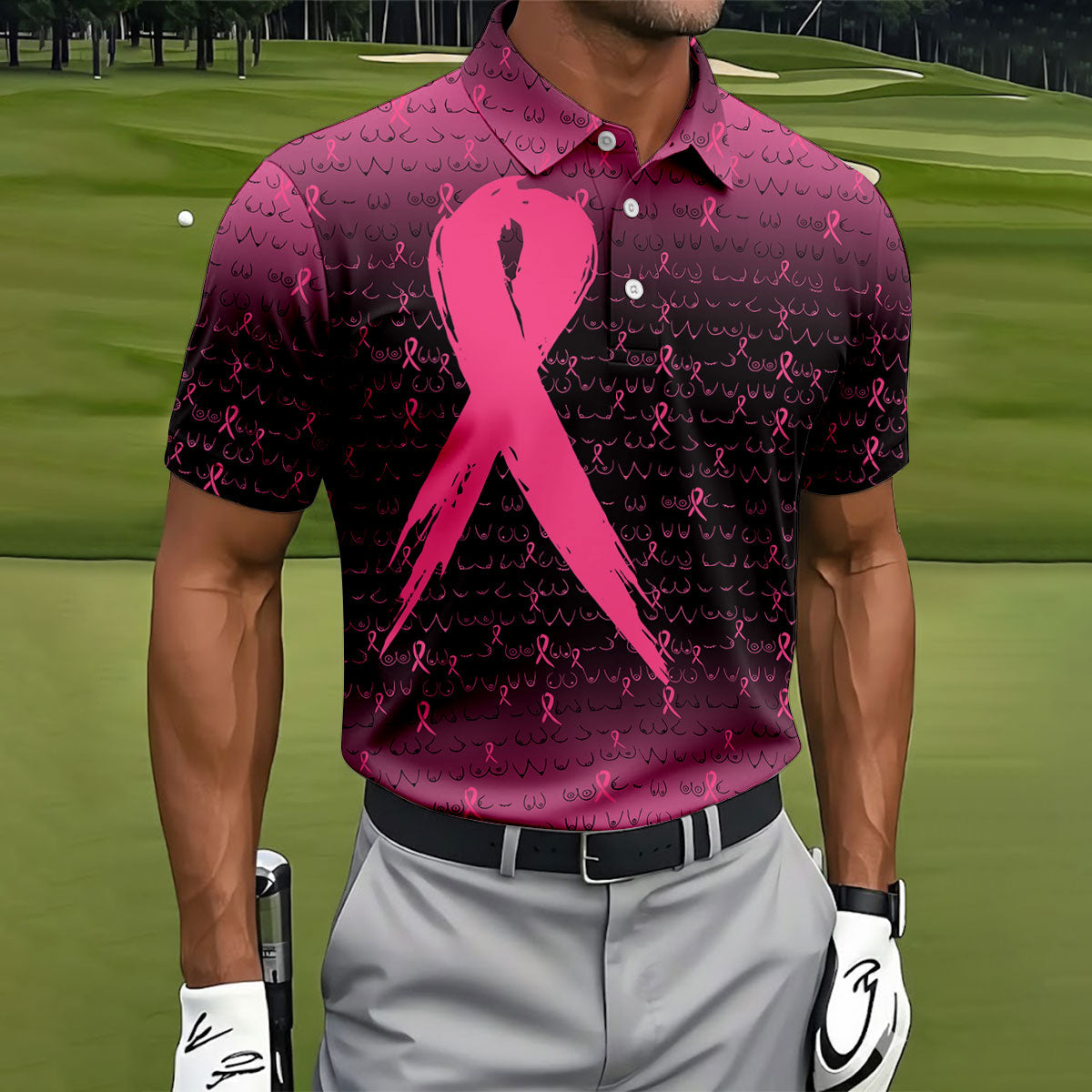 Pink Ribbon Boob Pattern Breast Cancer Polo Shirt, Mens Golf Polo, Printed Golf Shirts