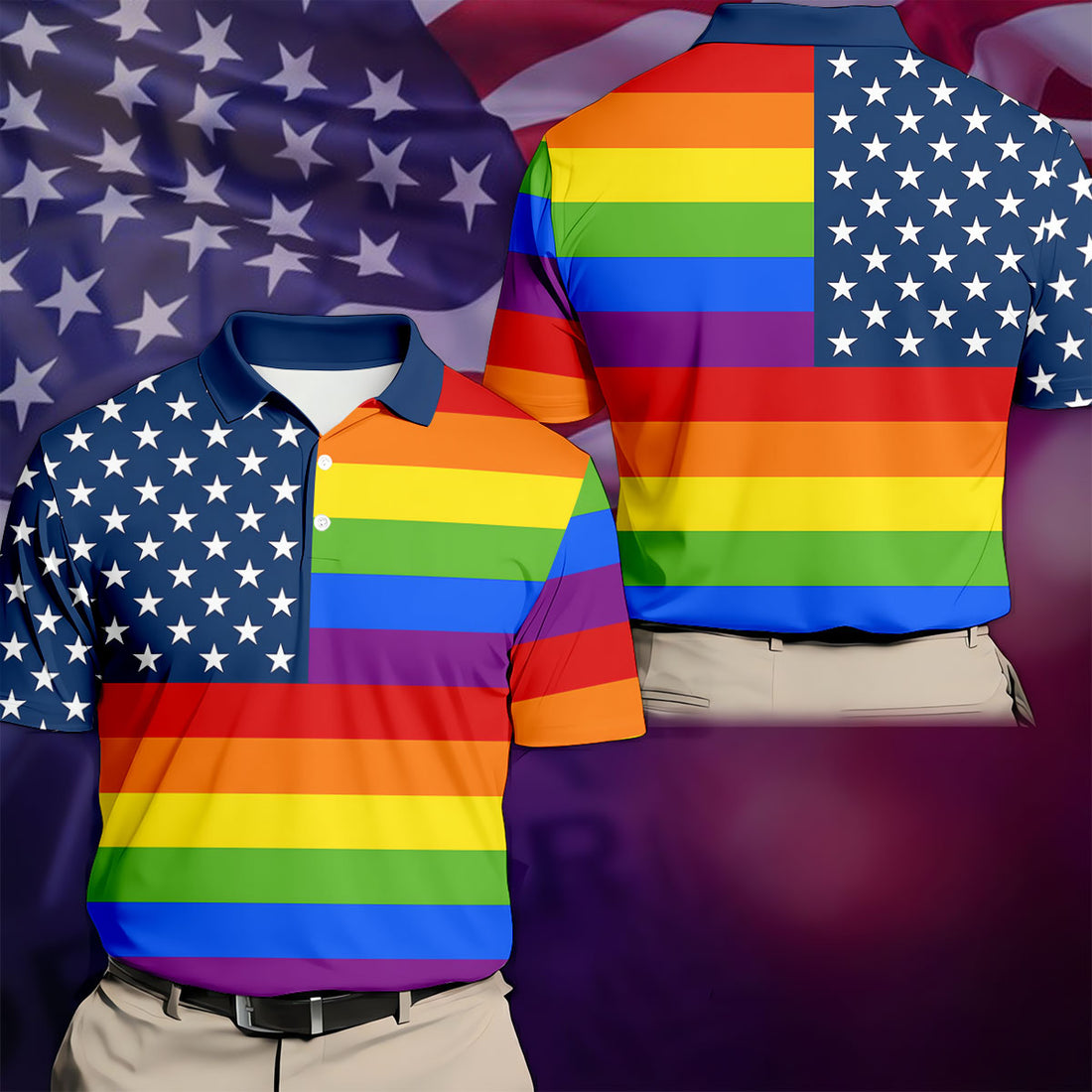 Gay Pride American Flag Golf Tops For Men, Pride Month Golf Shirts For Men