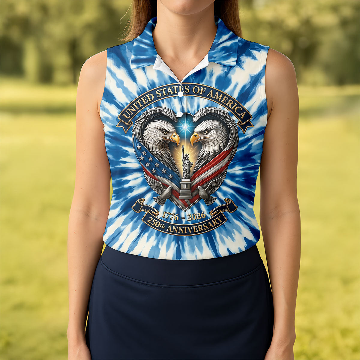 USA 250th Anniversary Tie Dye Print Bald Eagle Golf Shirt, Patriotic 4th Of July Golf Shirt For Women