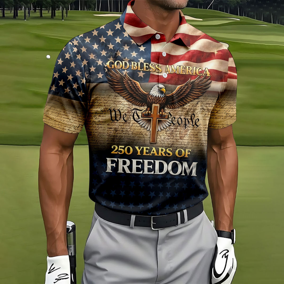 God Bless America 250 Years Of Freedom Retro Golf Shirt, Patriotic 4th Of July Golf Shirts For Men
