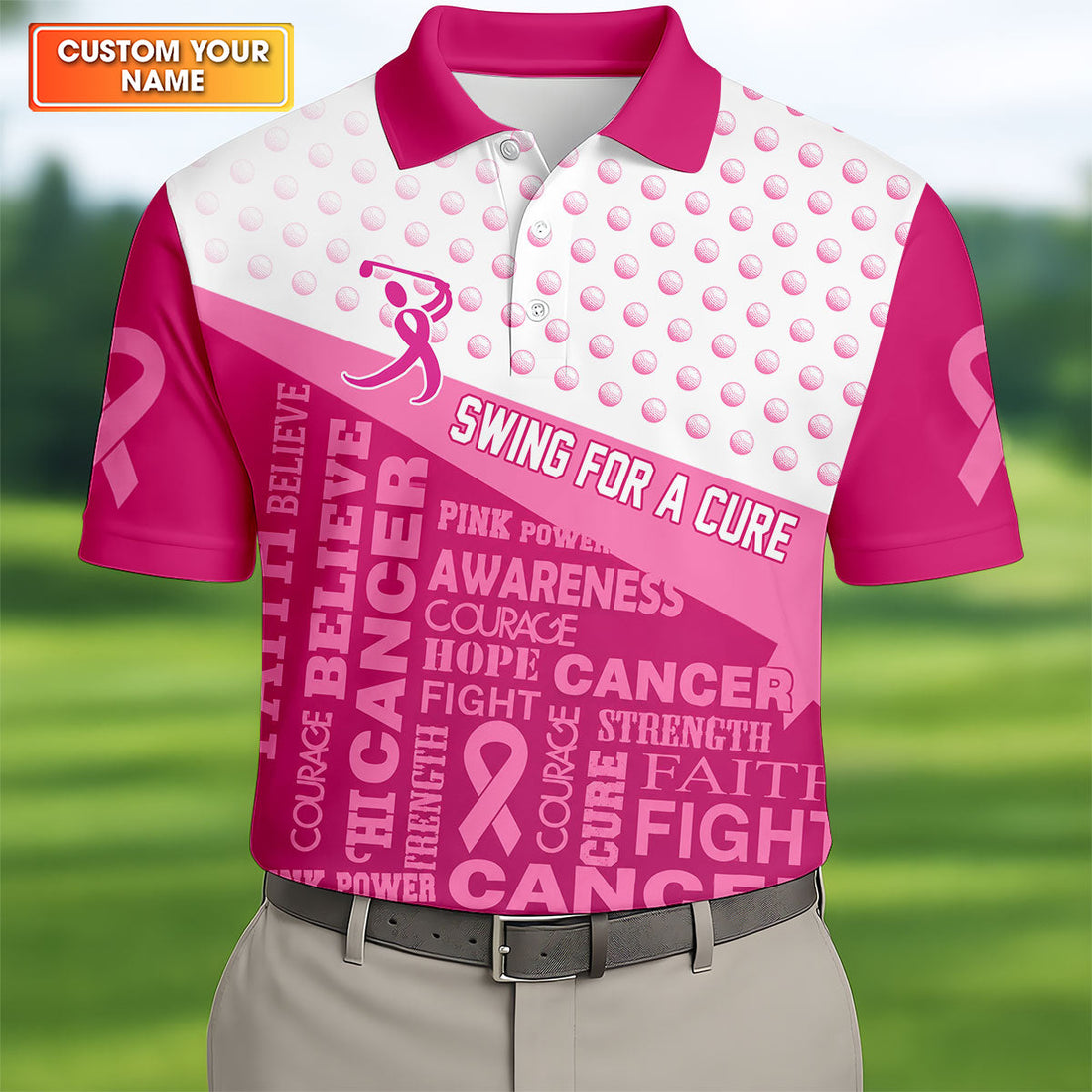 Custom Swing For A Cure Breast Cancer Polo Shirt, Golf Shirts For Men, Printed Golf Shirts