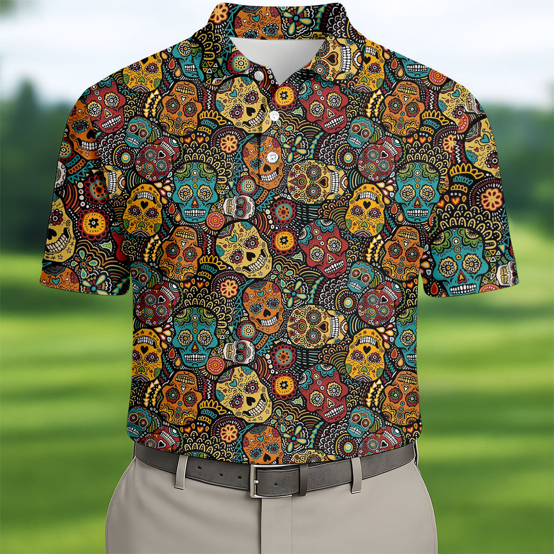 Colorful Sugar Skull Halloween Polo Shirt, Golf Shirts For Men, Golf Apparel For Men
