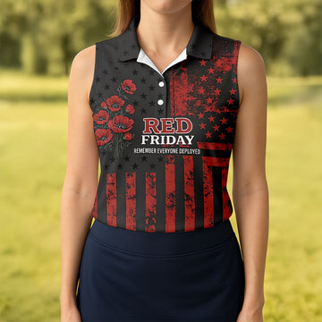 Red Friday American Flag Poppy Golf Polo Shirt, Ladies Golf Shirt, Golf Tops For Women