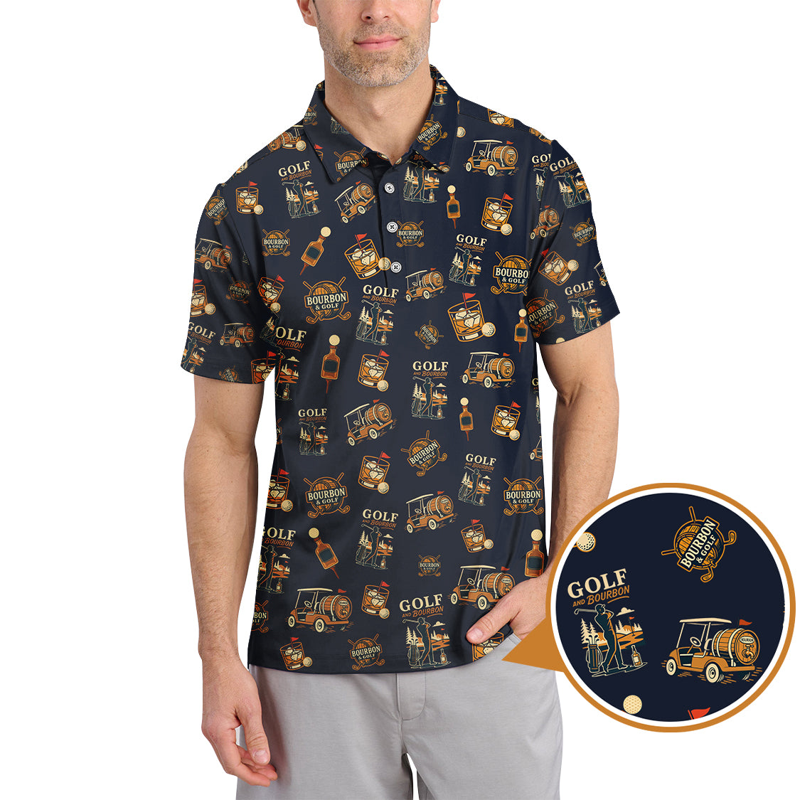 Funny Bourbon Pattern Polos, Golf and Bourbon Shirt for Men, Gift For Golfers