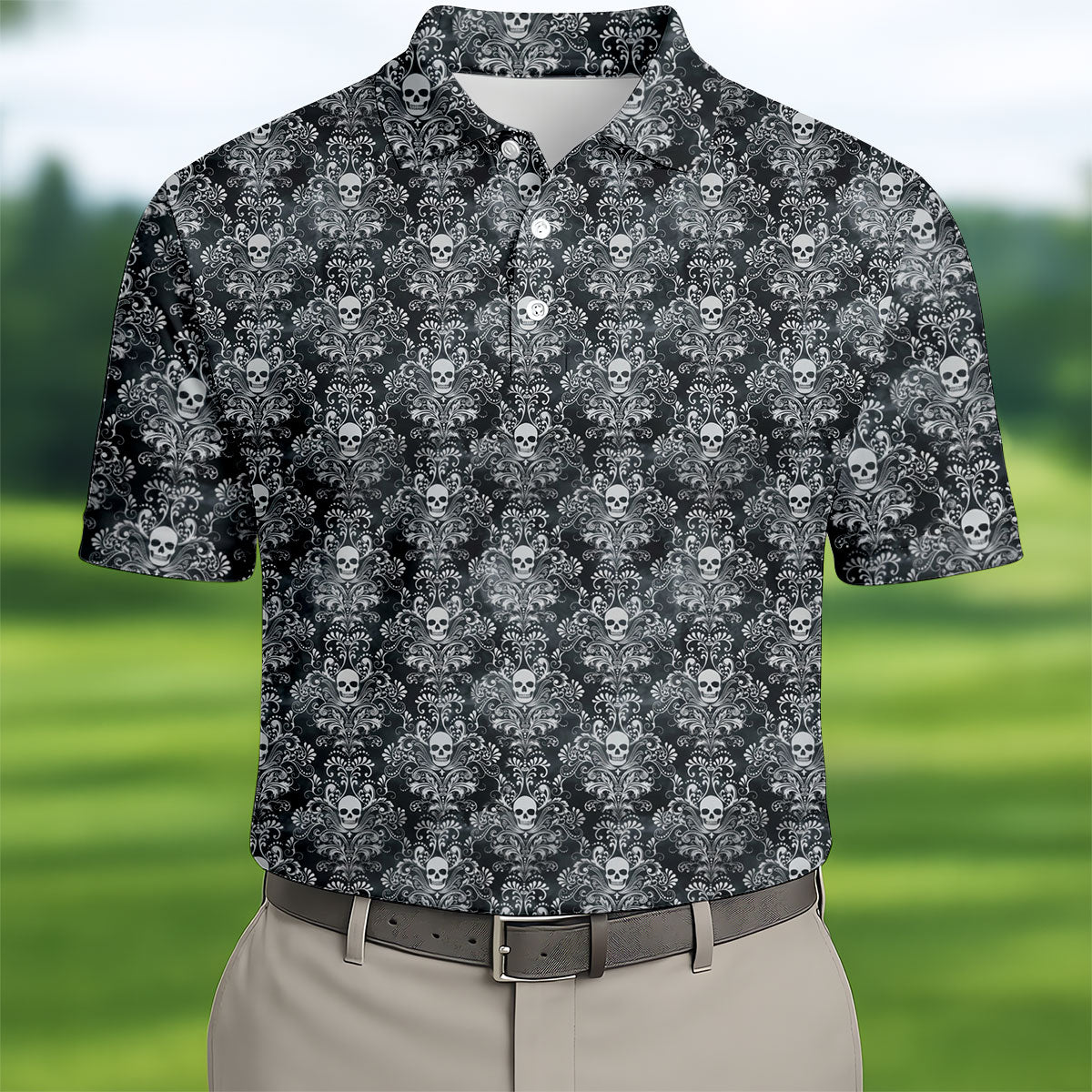 Skull Damask Charcoal Grey Gothic Floral Golf Tops For Men, Polo Shirts For Men, Golf Shirts For Men