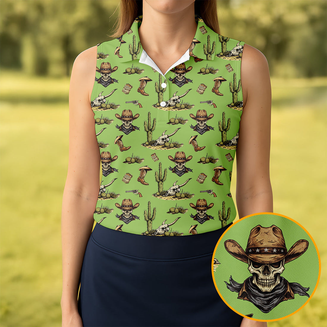Cowboy Skeleton Longhorn Cow Skull Western Theme Sage Green Ladies Golf Shirts, Golf Shirt For Women