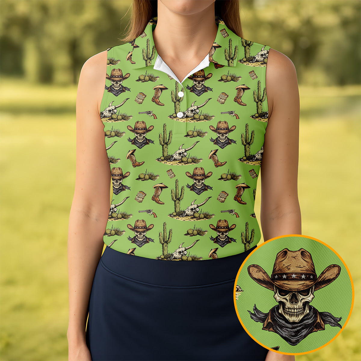 Cowboy Skeleton Longhorn Cow Skull Western Theme Sage Green Ladies Golf Shirts, Golf Shirt For Women