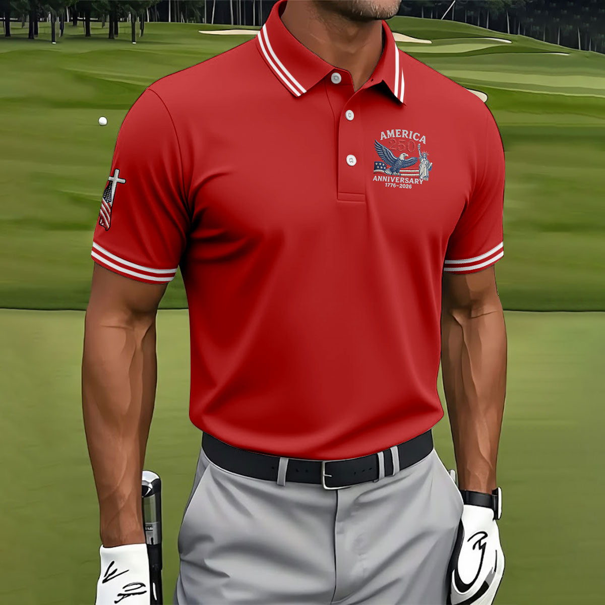 Faith Cross Bald Eagle America 250 Anniversary Red Patriotic Golf Shirt, Golf Shirts For Men