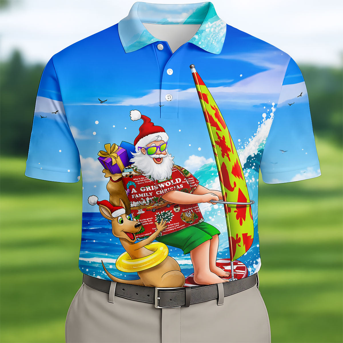 Santa And Reindeer Beach Surfing Christmas Golf Shirt, Men's Golf Shirt, Hawaiian Golf Shirt
