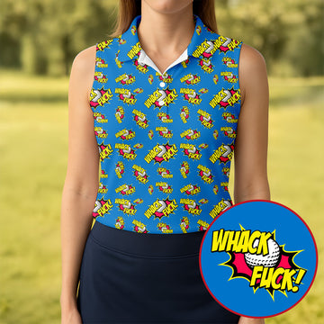 Whack Fuck Comic Golf Ball Pattern Golf Shirt, Women's Golf Tops, Golf Shirts For Women