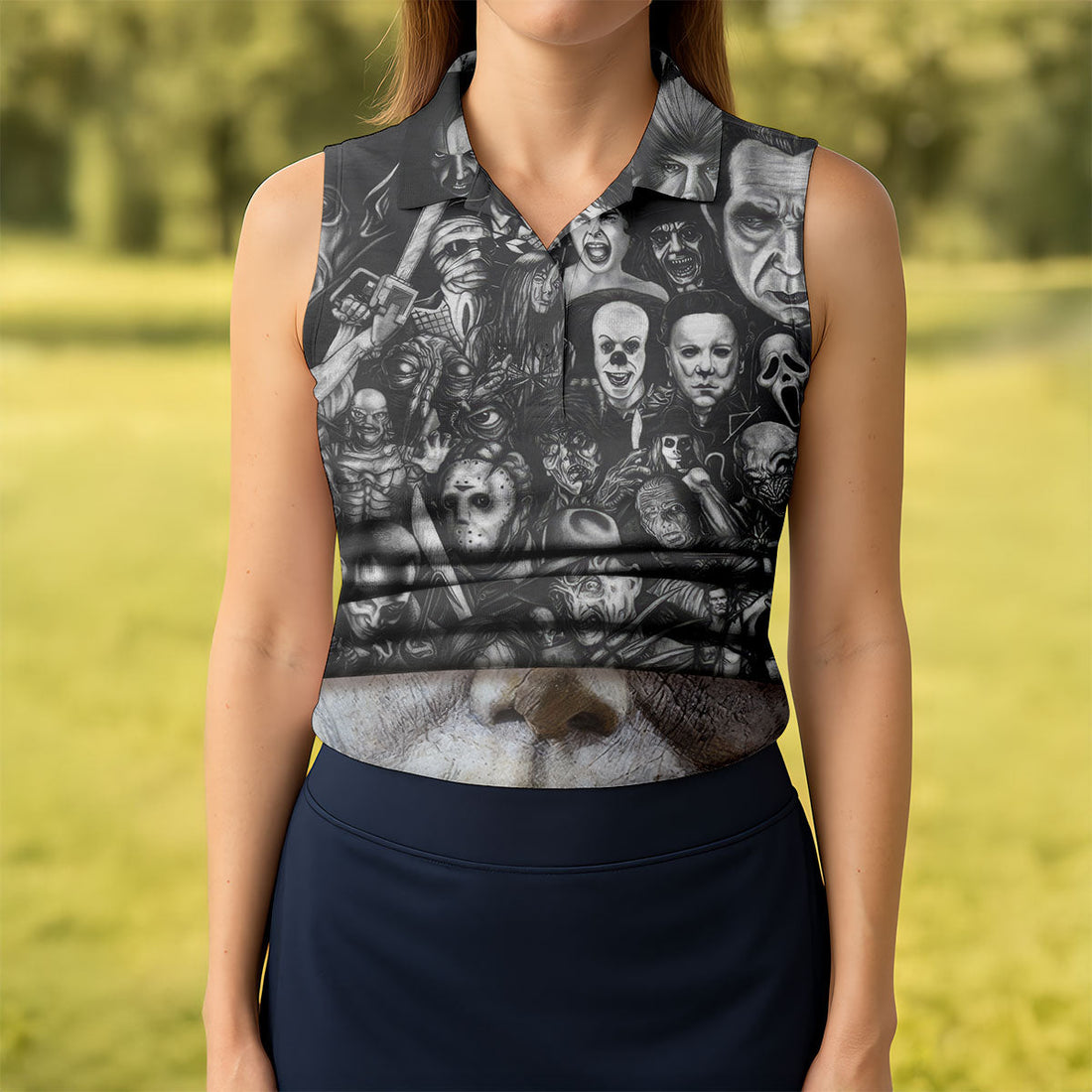 Pale Mask Horror Character Halloween Polo Shirt, Golf Tops For Women, Ladies Golf Shirts